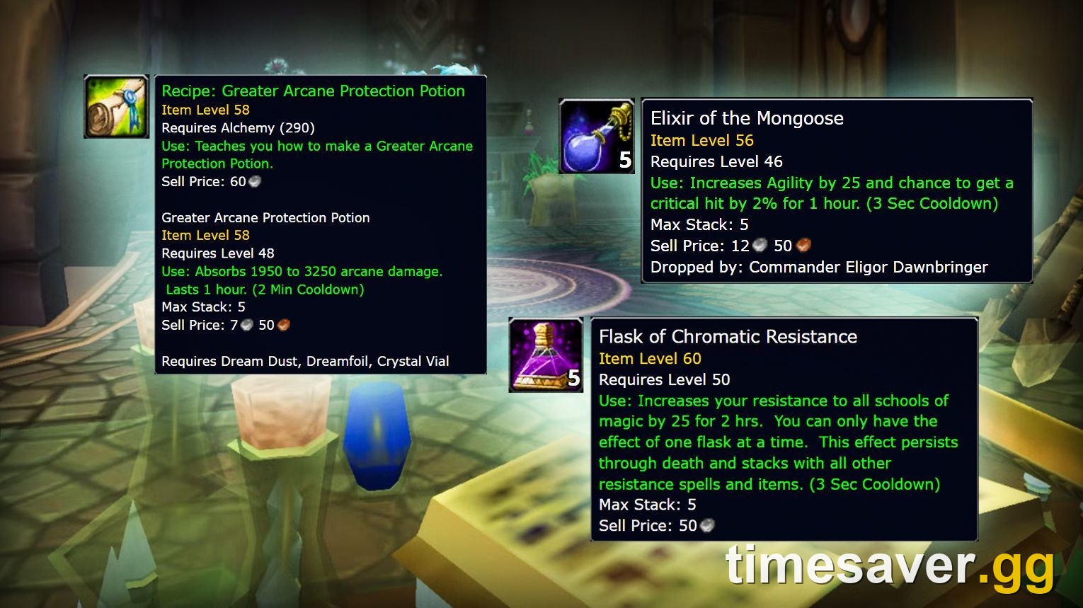 WoW Classic consumables — Elixir of the Mongoose and Flask of Chromatic Resistance tooltips, the raid-consumable economy