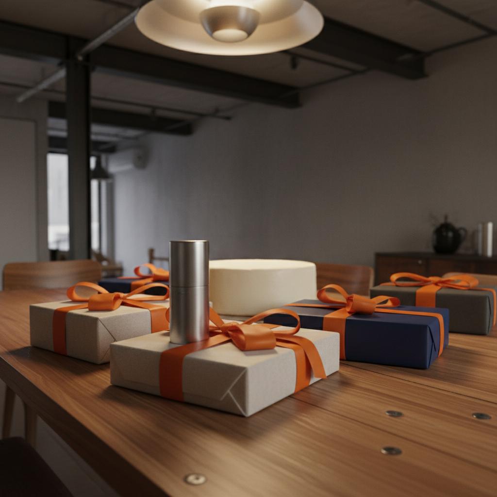 was wünschen sich 14‑jährige zum Geburtstag: minimalistischer Esstisch mit Geschenken und einfacher Vanilletorte, warme industrielle Atmosphäre, Fokus auf Geschenkdetails