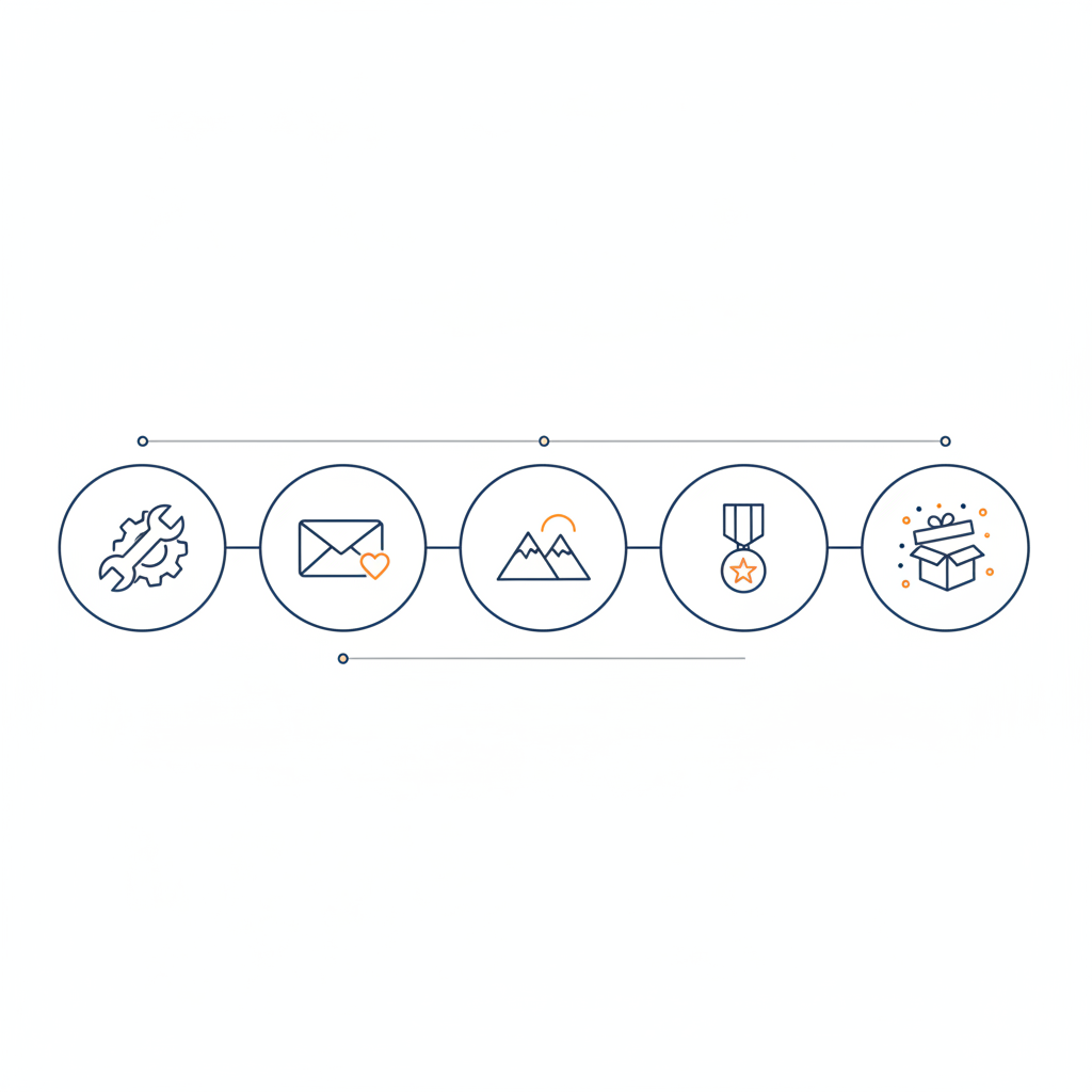 Minimalistische 2D-Vektor-Infografik: Was ist die 5-Geschenke-Regel für Männer? Fünf Icons für Praktisch, Persönlich, Erlebnis, Symbolisch und Überraschung, Steelmonks-Farben.