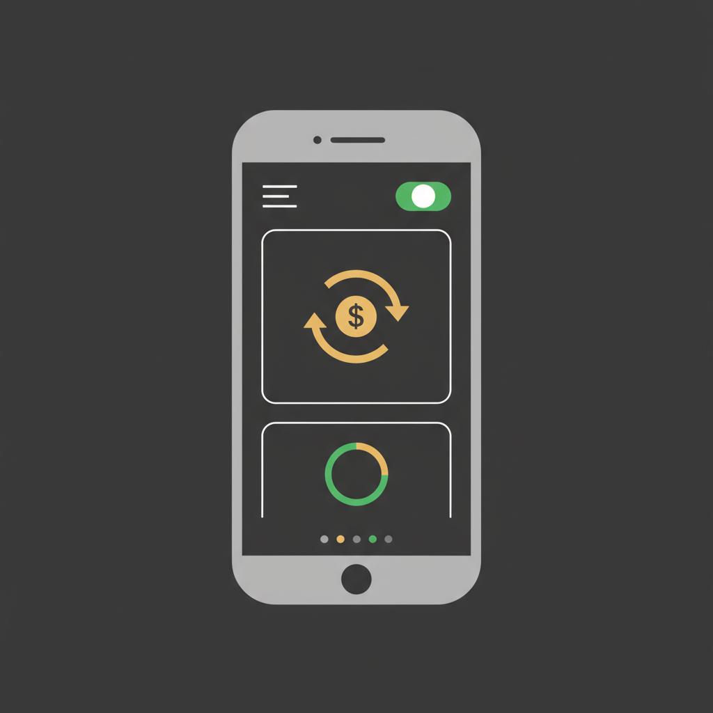 Minimal 2D vector smartphone showing automatic transfer icon toggle and progress ring in Finance Police brand colors for beginner investment guide