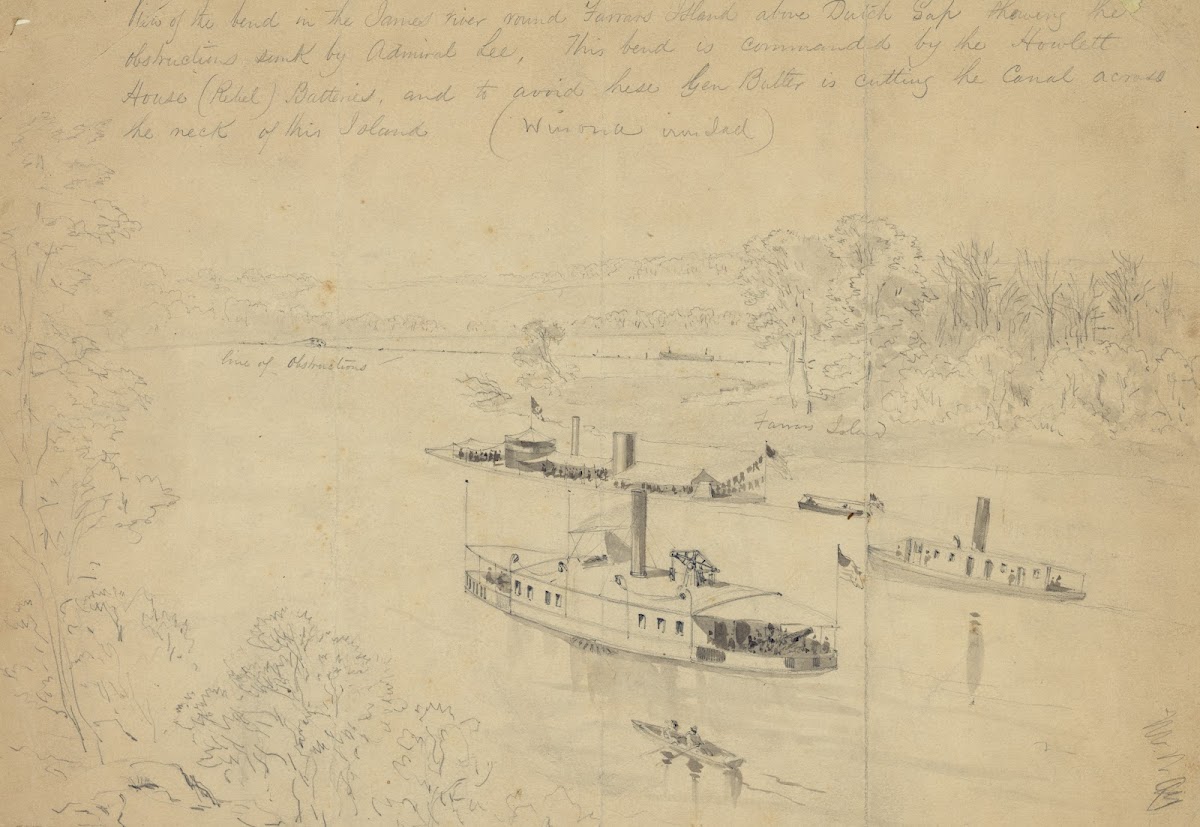 View of the bend in the James river round Farrars Island above Dutch Gap showing
