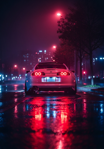 White Sports Car in Neon Pink Rain