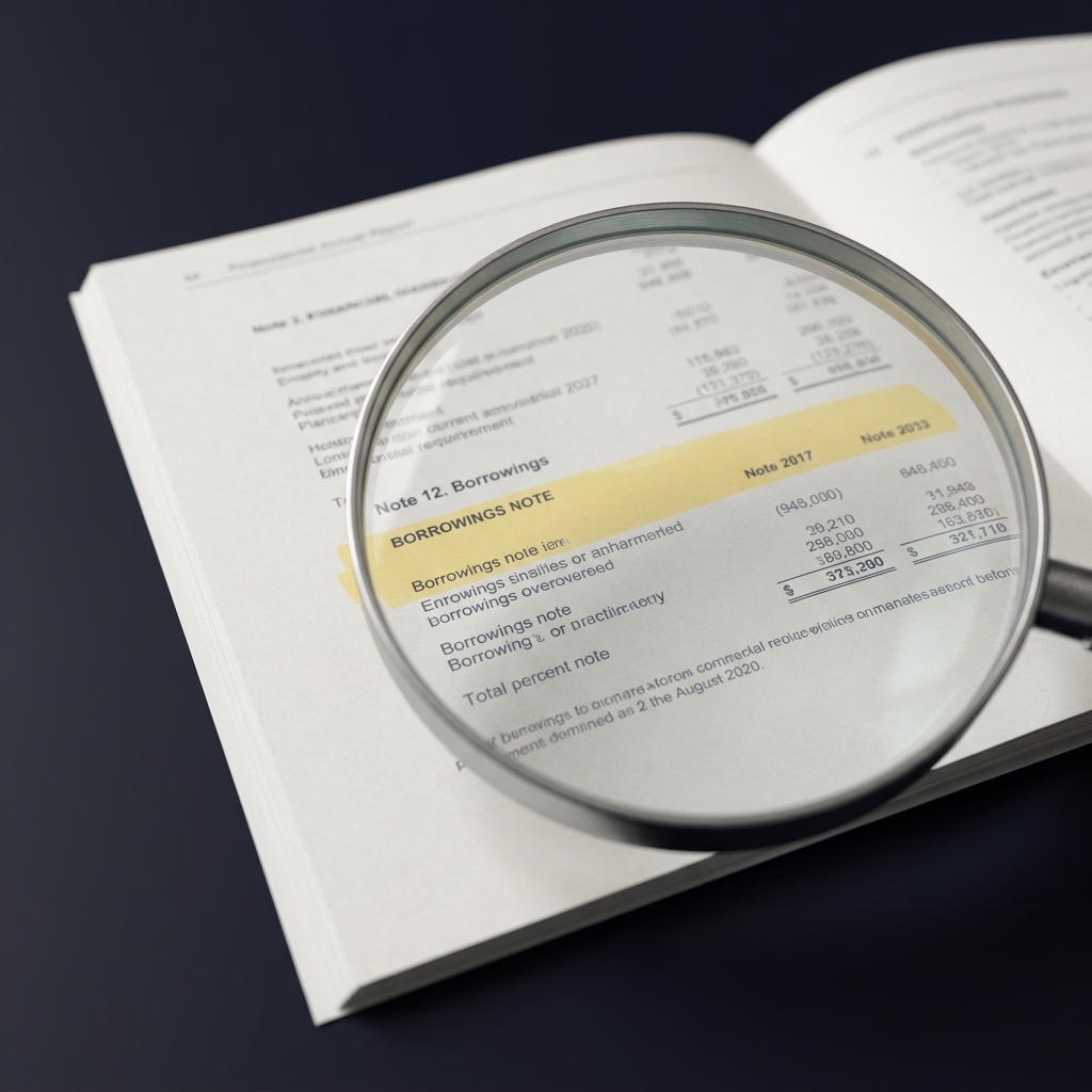 Close up of open annual report showing borrowings note highlighted under a magnifying glass on a dark Funded Plays style background bournemouth v nottingham forest prediction