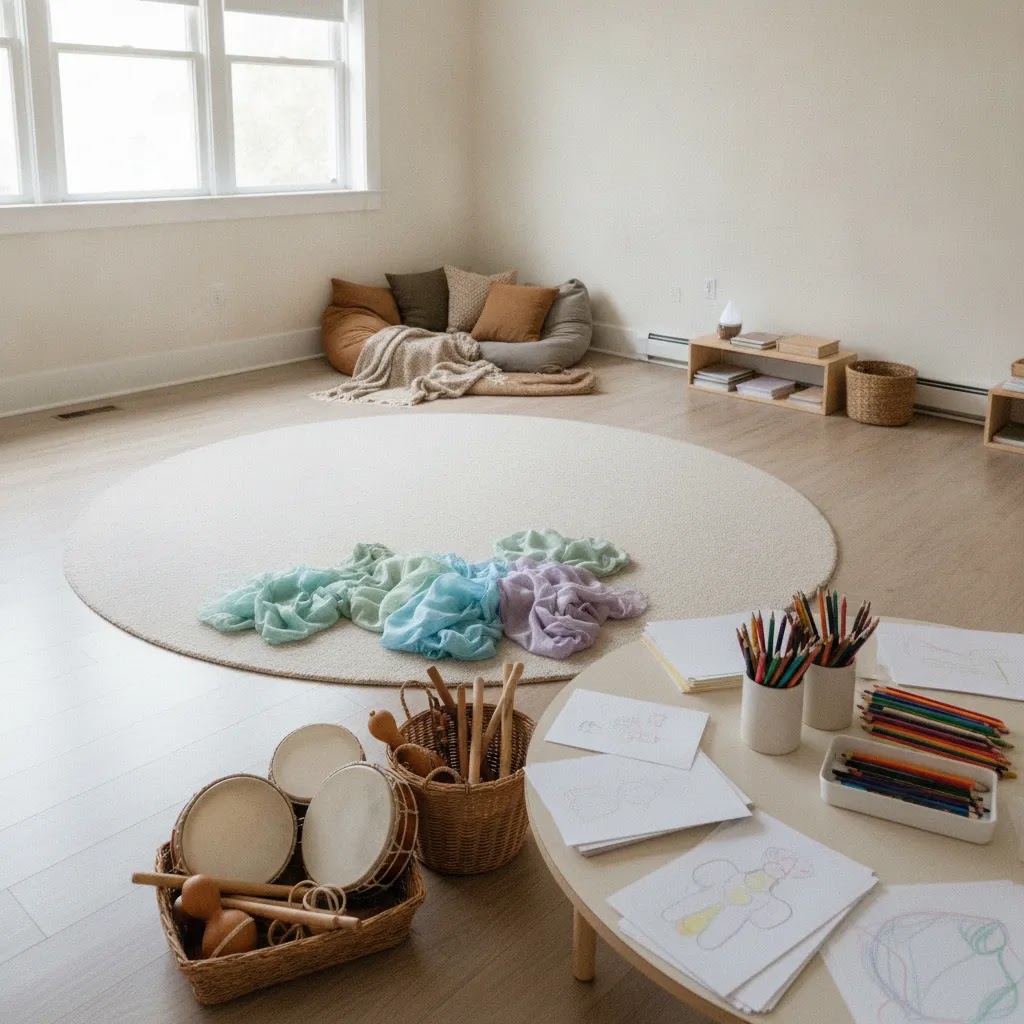 Expressive arts therapy in schools techniques including movement sound story and quiet reflection