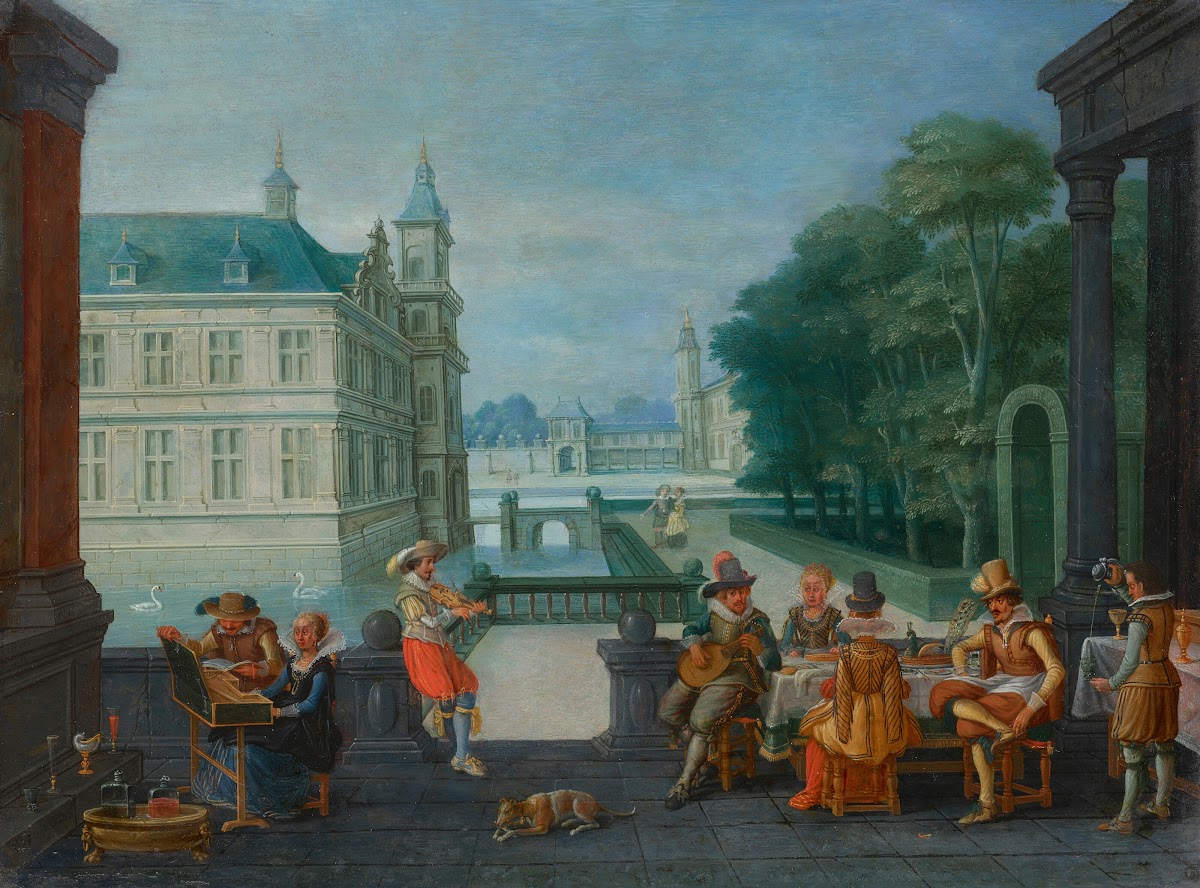 Elegant company in a courtyard 1625