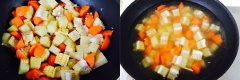 Thêm khoai tây, bắp ngọt vào đảo chung khoảng 1-2 phút. Đổ lượng nước vừa ăn vào rồi đậy nắp chảo đun sôi.