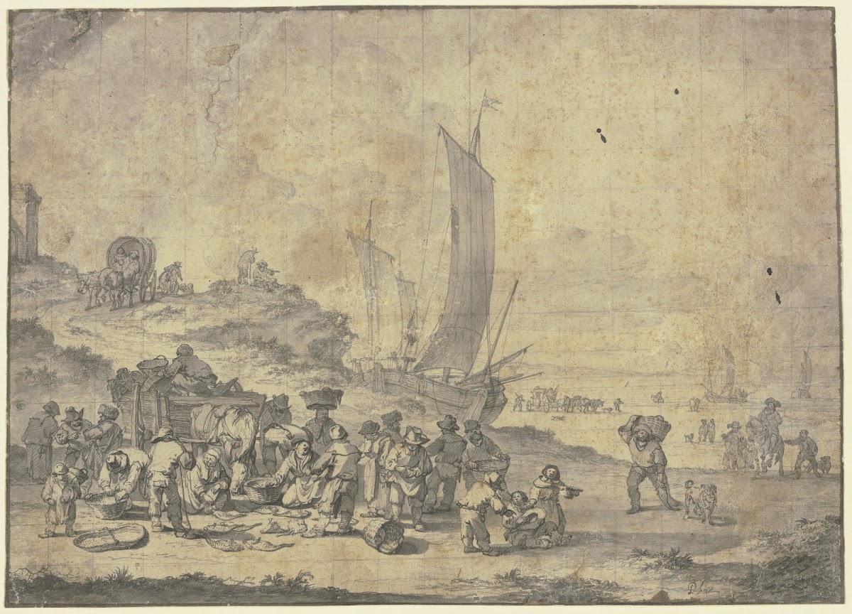 Strand bei Scheveningen im Vordergrund Bauern und Fischhändler bei einem Karren