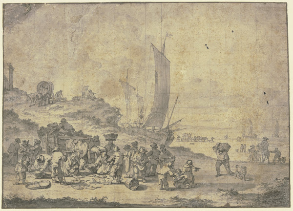 Strand bei Scheveningen im Vordergrund Bauern und Fischhändler bei einem Karren