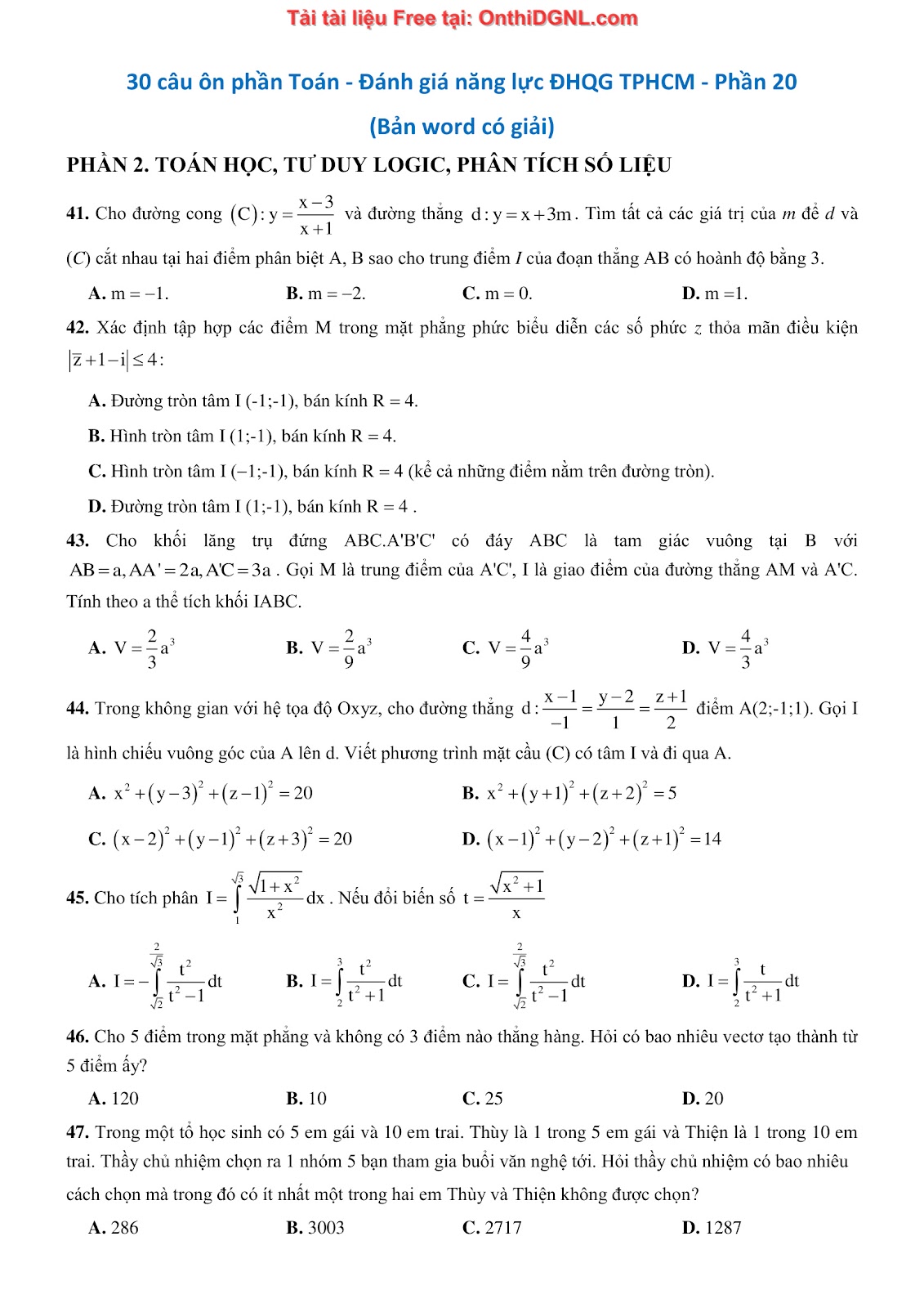 900 bài tập môn Toán - Ôn thi ĐGNL ĐHQG TP HCM Phần 20
