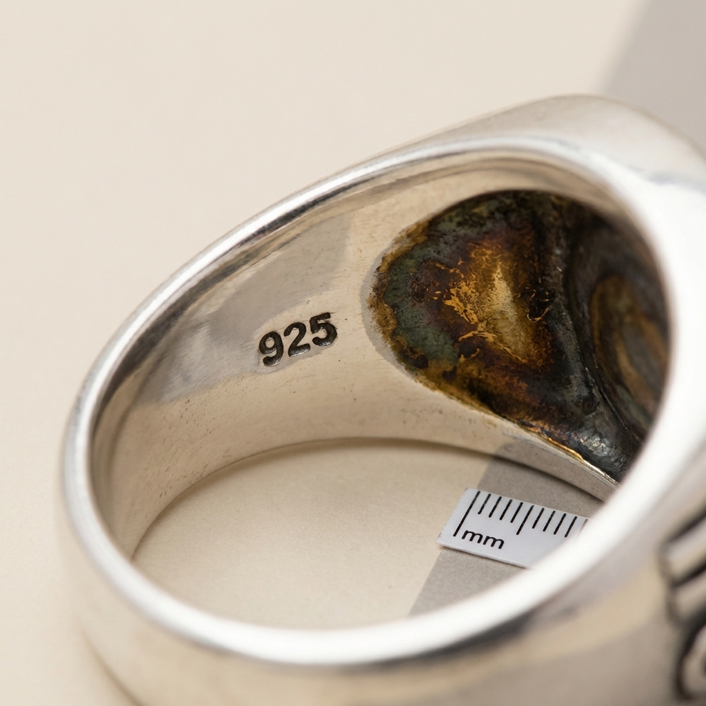 Macro close up of eye of horus ring silver interior band showing 925 stamp beside conserved patina area with a small millimeter ruler for scale on a clean beige background