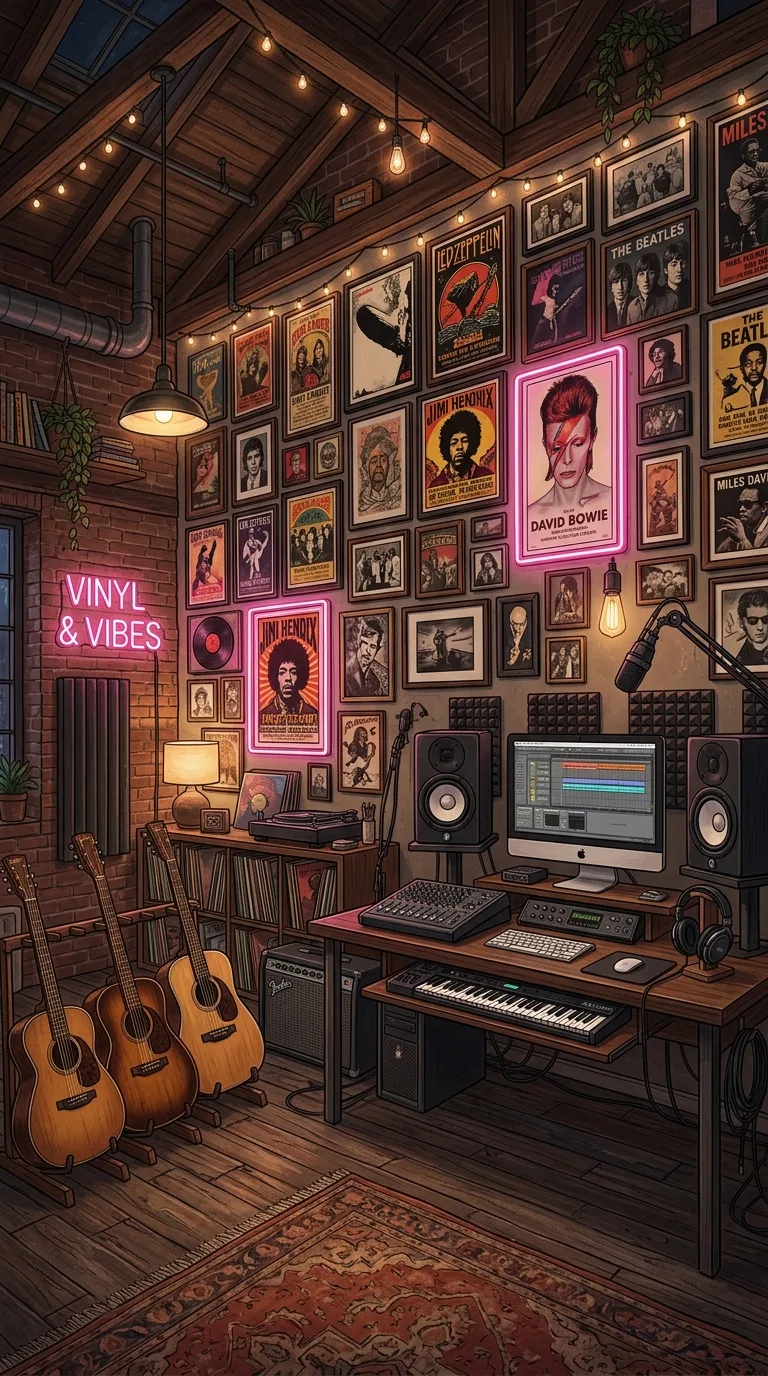 Music Studio Filled with Acoustic Guitars and Vintage Posters - Free 4K mobile Wallpaper
