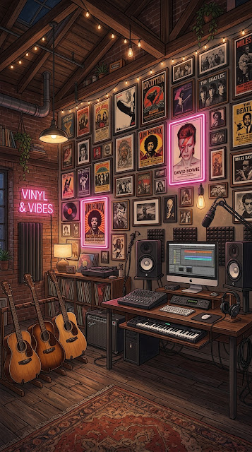 Music Studio Filled with Acoustic Guitars and Vintage Posters - Free mobile Wallpaper