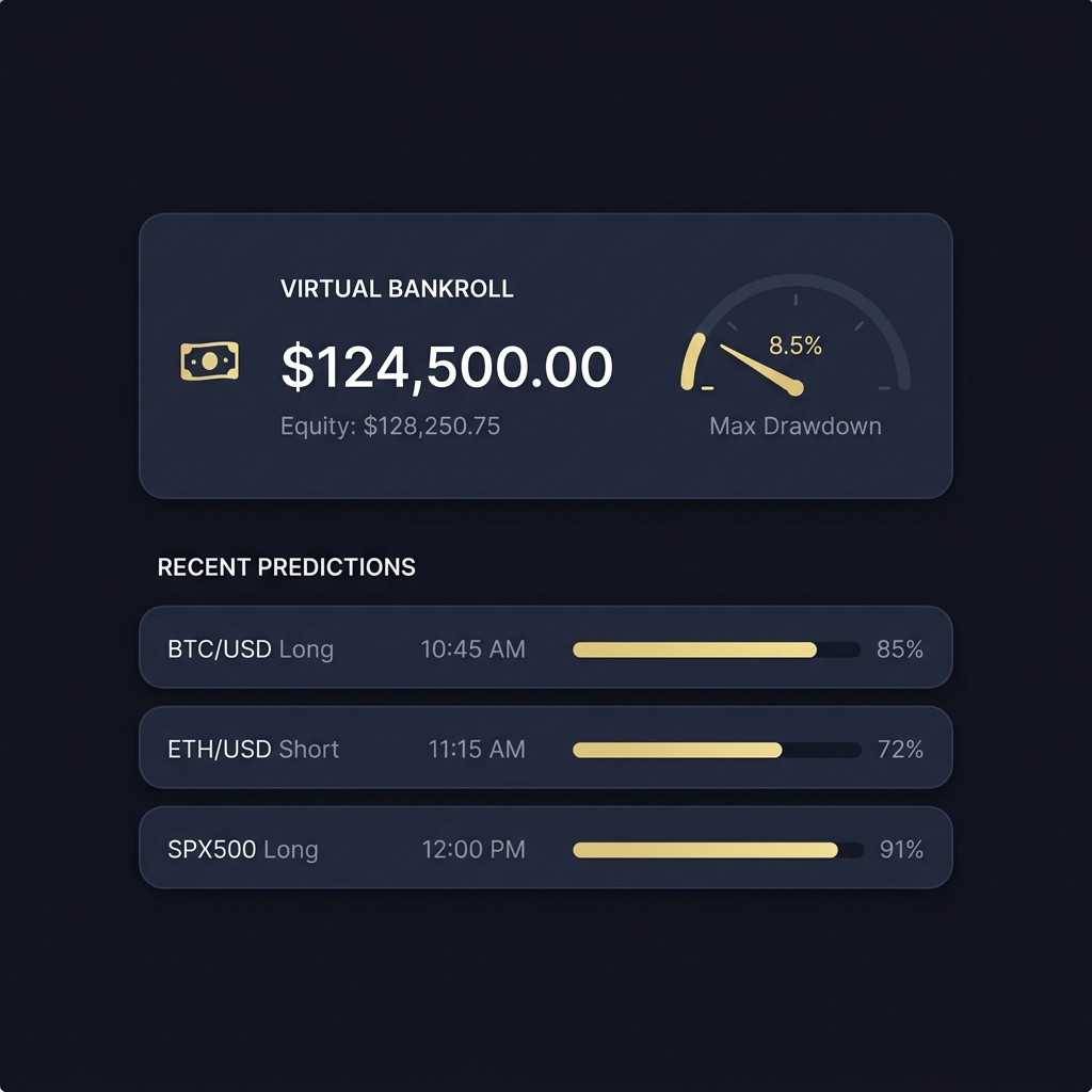 Minimalist dashboard mockup showing a virtual bankroll drawdown gauge and recent predictions for Frequently Asked Questions About FundedPlays