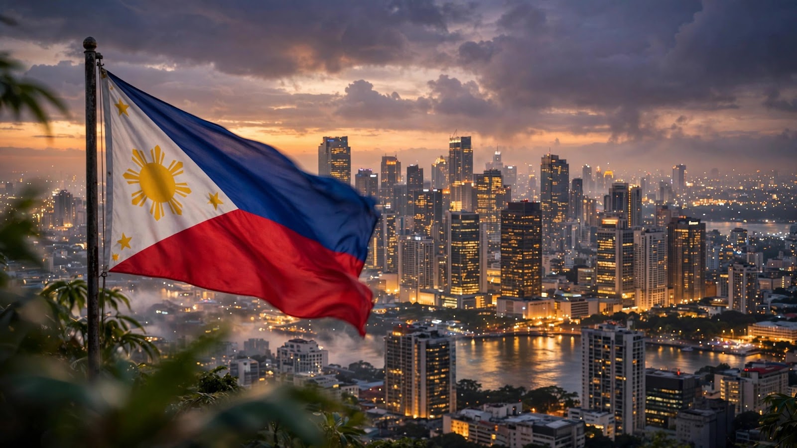 Manila city skyline at dusk with a Philippine flag waving in the foreground