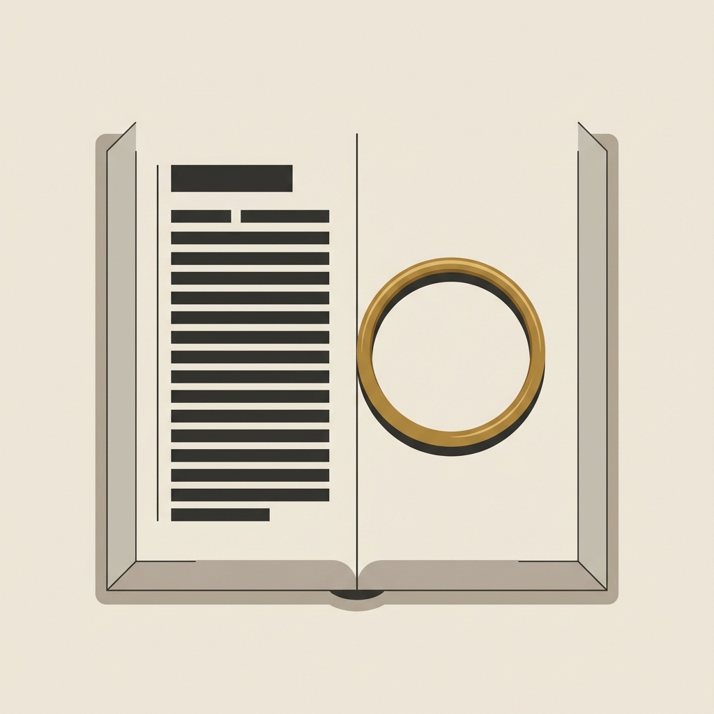 Minimalist 2D vector of an open Hebrew lexicon page suggesting the nezem entry beside a cropped small ancient nose ring hoop in gold on a beige background