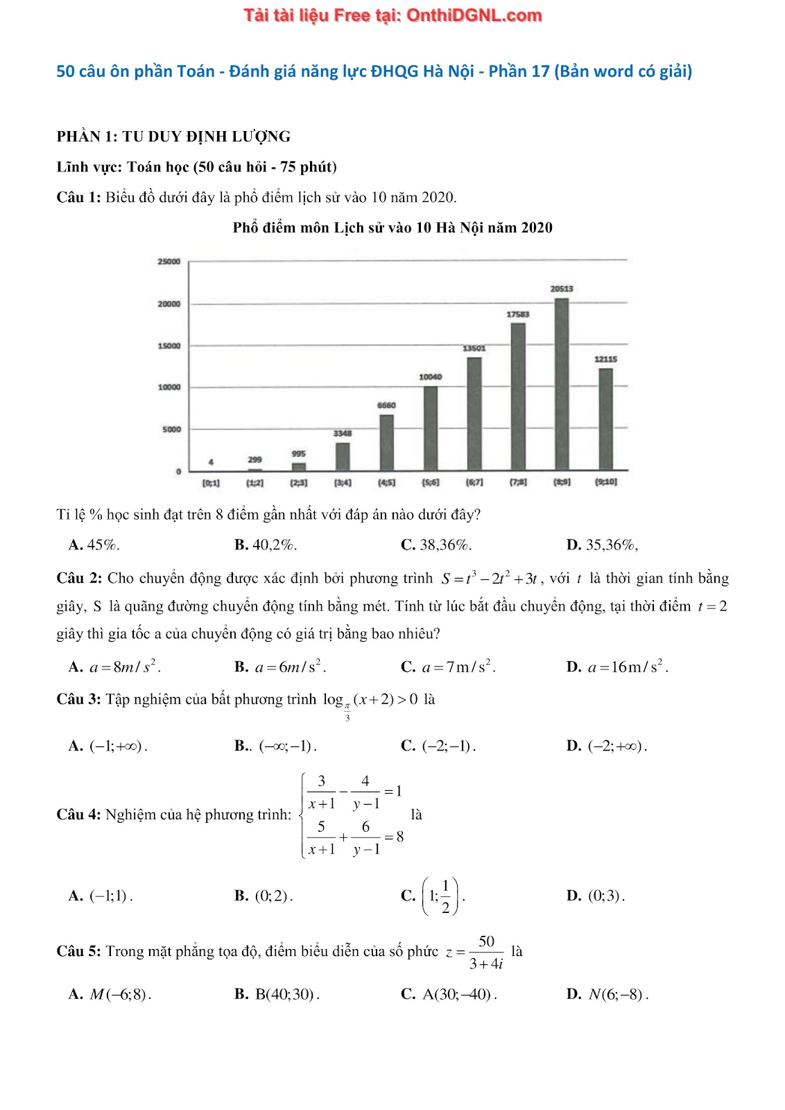 1300 bài tập môn Toán - Ôn thi ĐGNL ĐHQG Hà Nội Phần 17