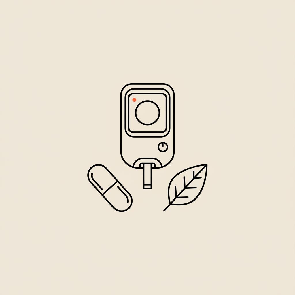 Minimal Tonum-style vector line illustration of a glucometer, capsule, and leaf on beige background — what vitamin helps lower blood sugar