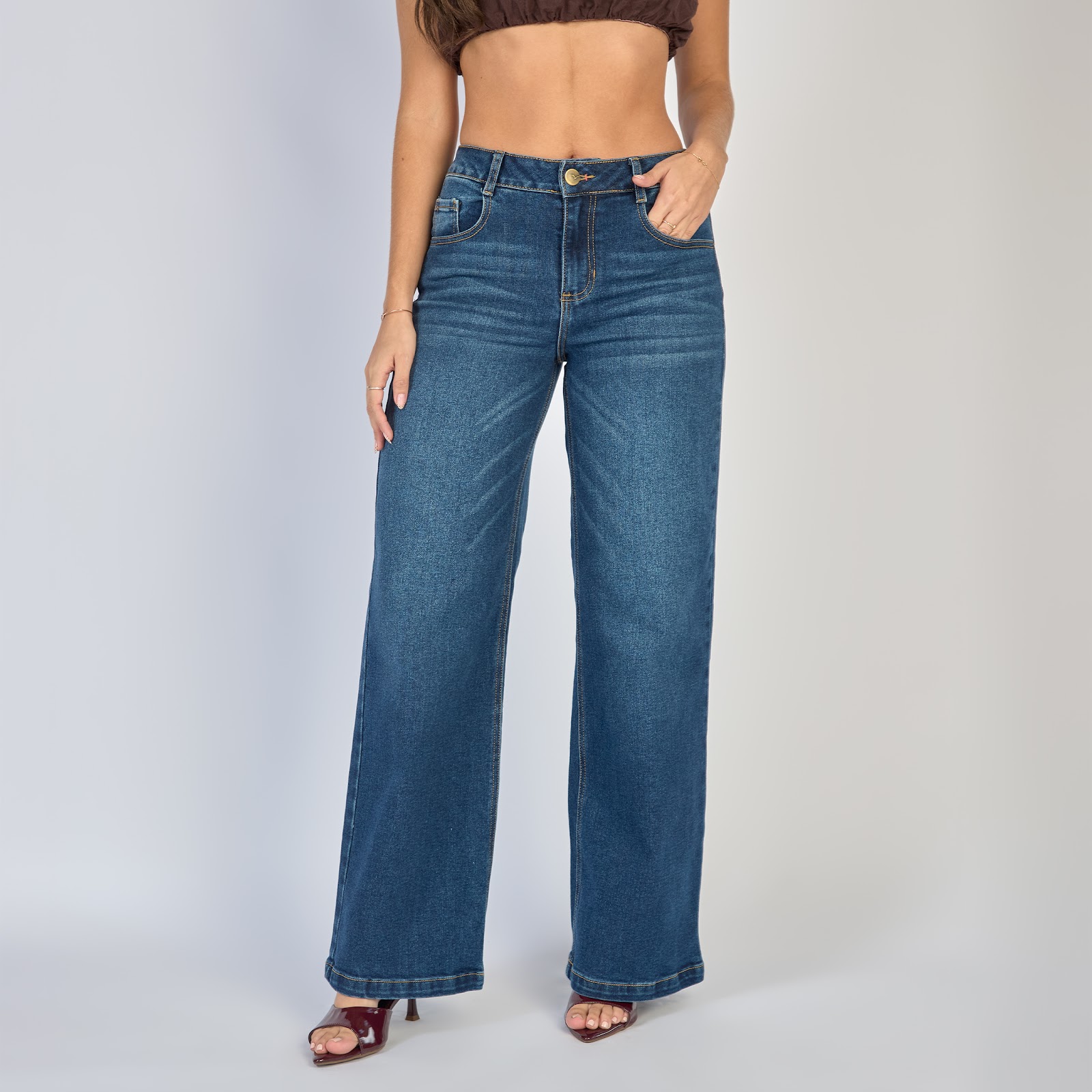 Jean dama wide leg tiro alto licrado, color Azul oscuro - Vista 4