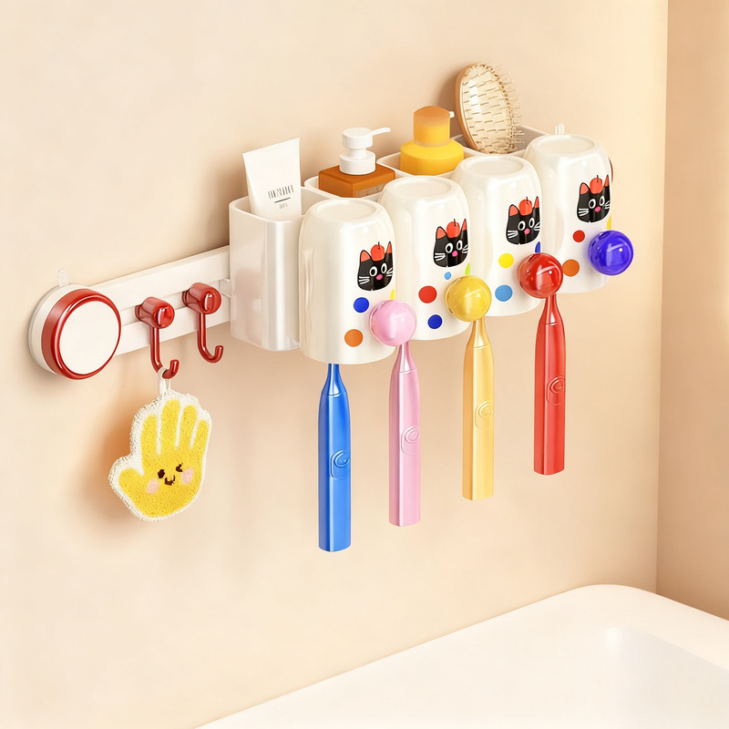 Suction cup toothbrush holder, 3–4 slots, with cup