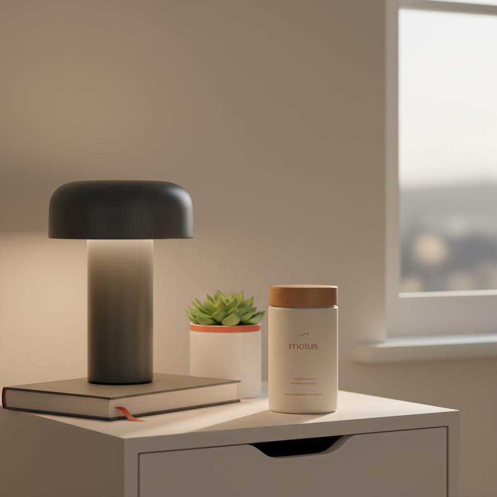 Tonum Nouro supplement container on a tidy bedside table with a lamp, closed book, and small plant in soft evening light, minimalist scene addressing brain fog.