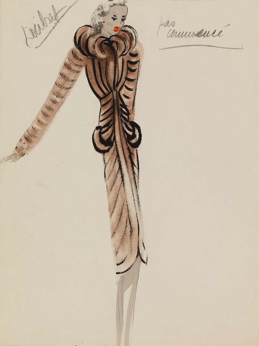 Redingote brune travaillée en bandes avec col roulé 1938