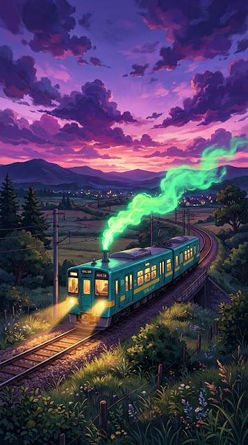 Anime Style Illustration of a Train on Tracks at Dusk with Vibrant Purple Clouds - Free mobile Wallpaper