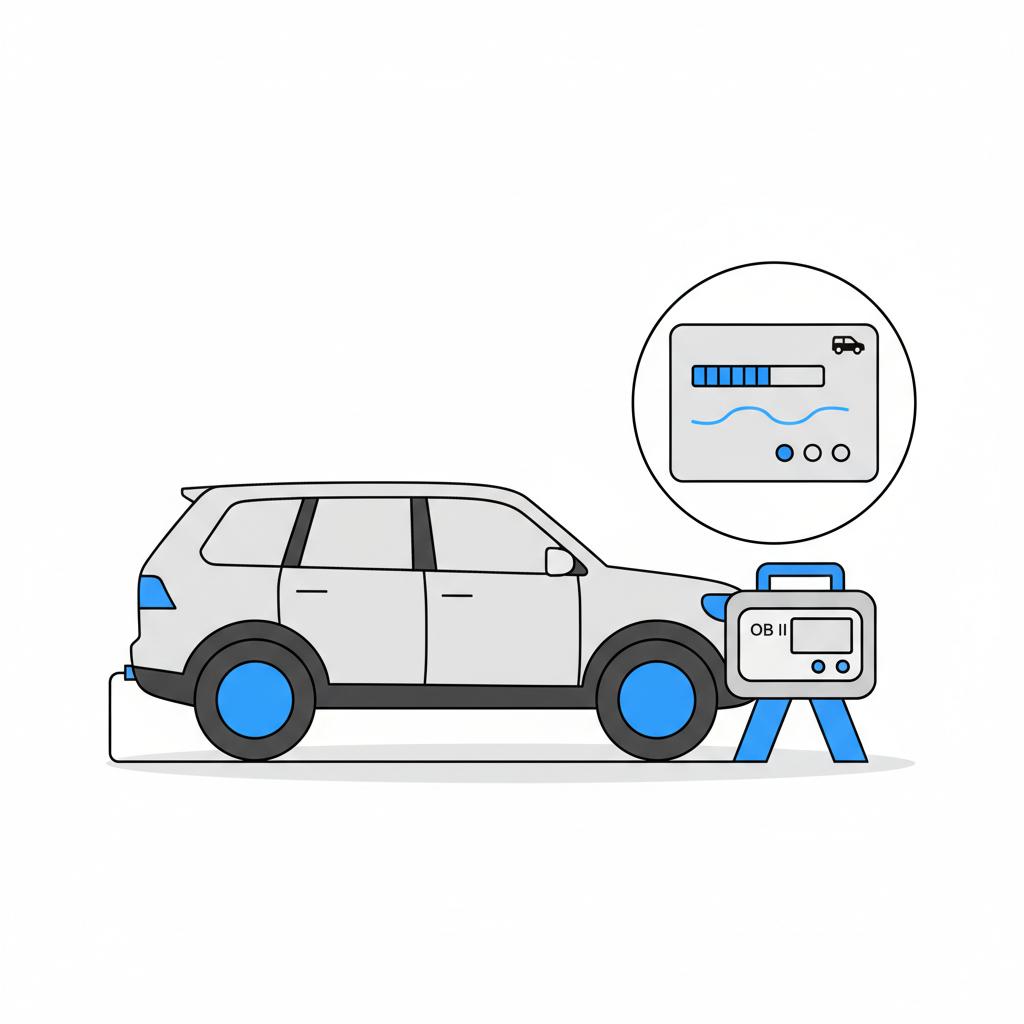 Minimalist vector of an SUV inspection with a portable OBD II scanner connected to the vehicle focused on the scanner screen diagnostic indicators jeep grand cherokee for sale