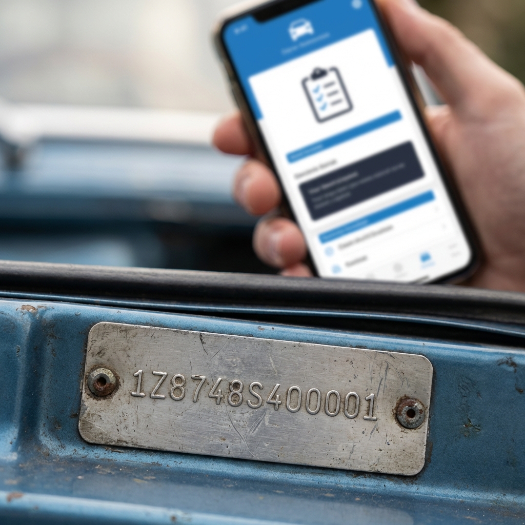 Close up of a classic car VIN plate with a smartphone showing an open vehicle history report on a white minimalist background old cars for sale