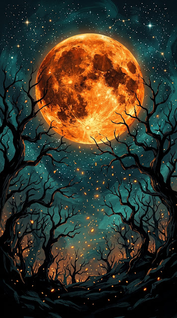 Stylized Orange Full Moon with Black Tree Silhouettes - Free mobile Wallpaper