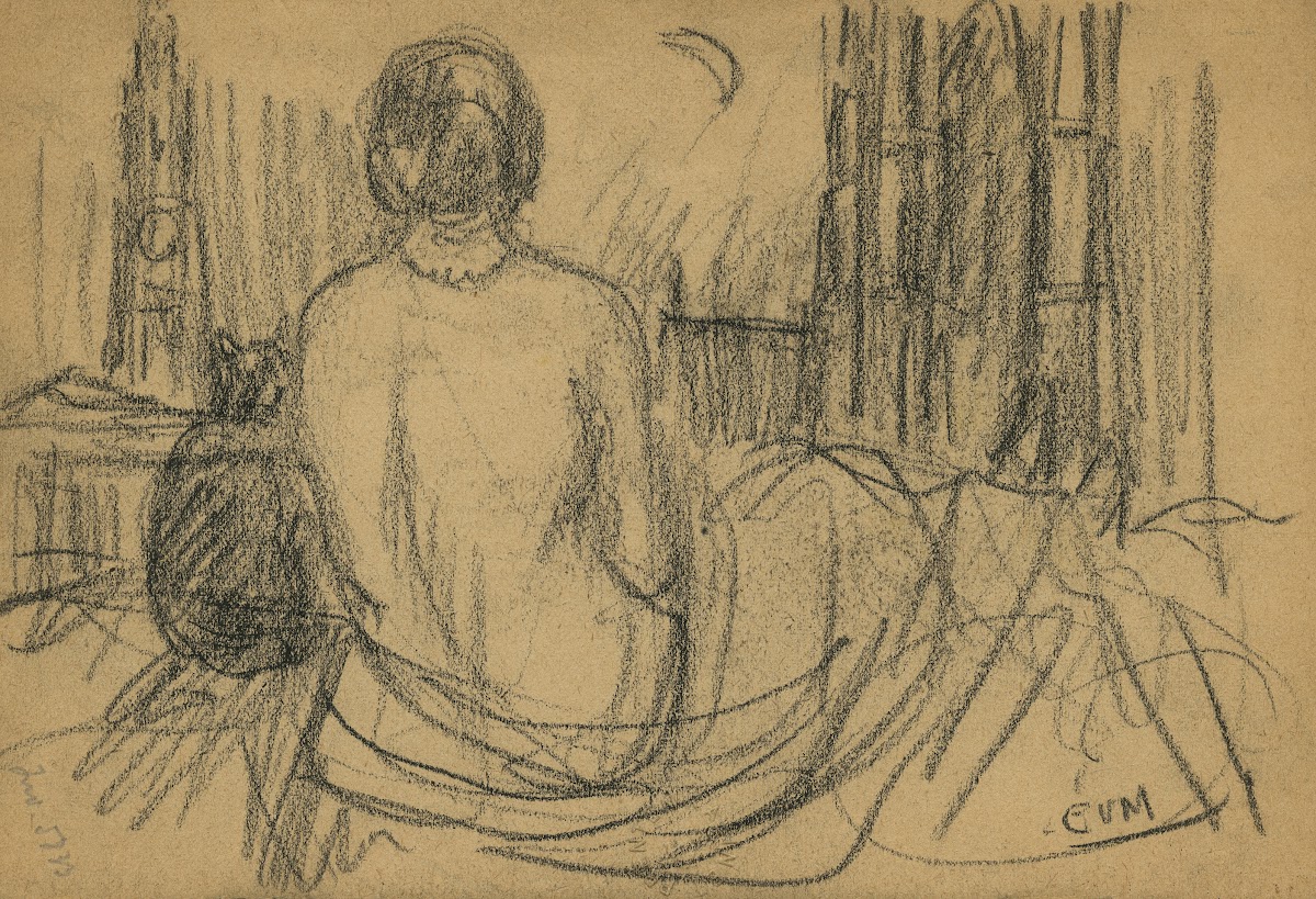 Zittende vrouw met kat en OLV kerktoren