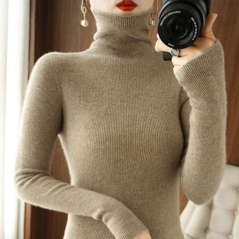 Women's knit sweater with stand-up collar, fitted
