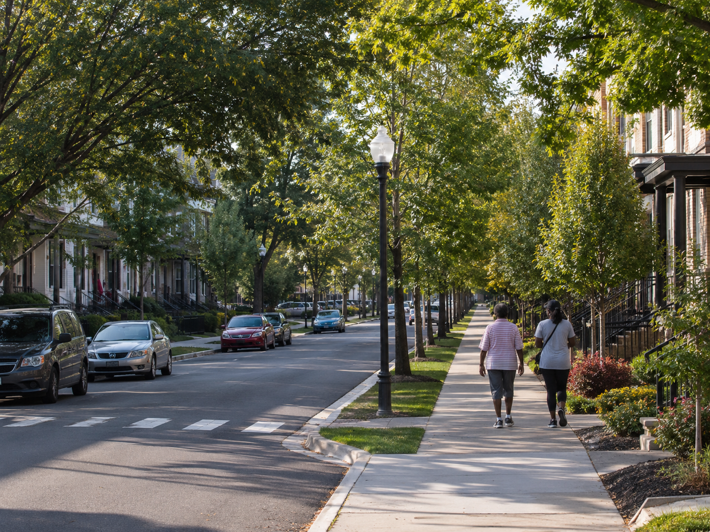 Walkable New Jersey neighborhood street with sidewalks, trees, and community activity