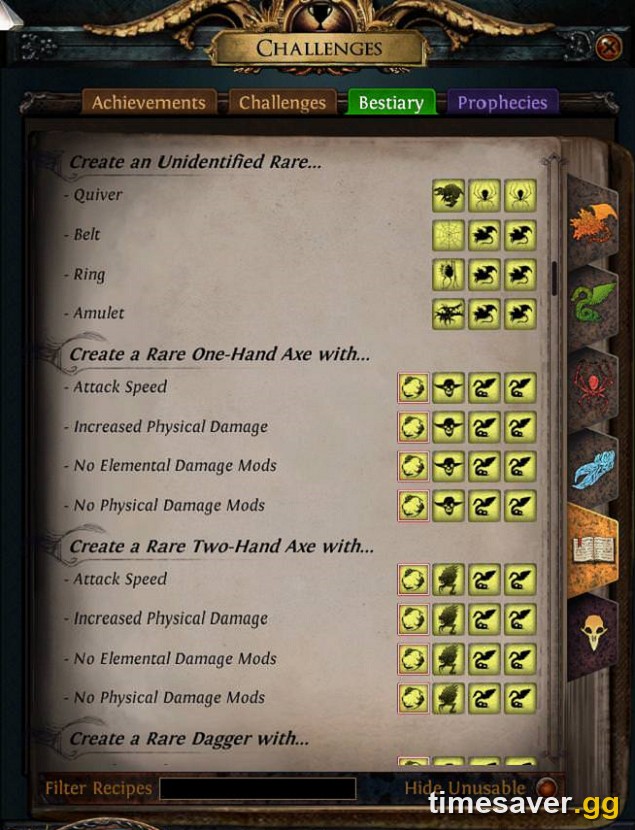 The Path of Exile Bestiary beastcrafting recipe panel, listing craft options and the beasts each one consumes