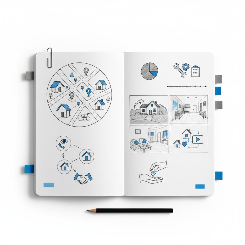 Top-down notebook sketches of neighborhood map, 3-step showing funnel, and 15s Instagram reel storyboard &mdash; Do Instagram ads work for REALTORS? Minimalist Agency Visible style, white background