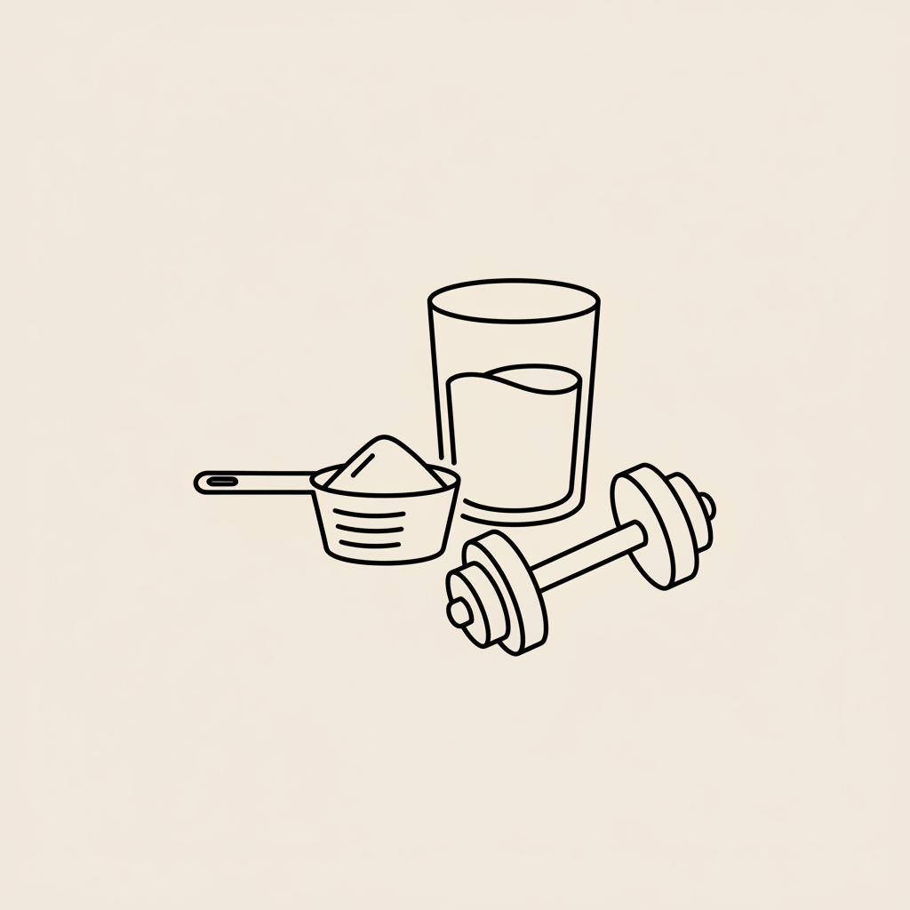Minimalist Tonum-style line illustration of a protein scoop, water glass, and dumbbell on a flat beige background, representing protein shakes and fitness.