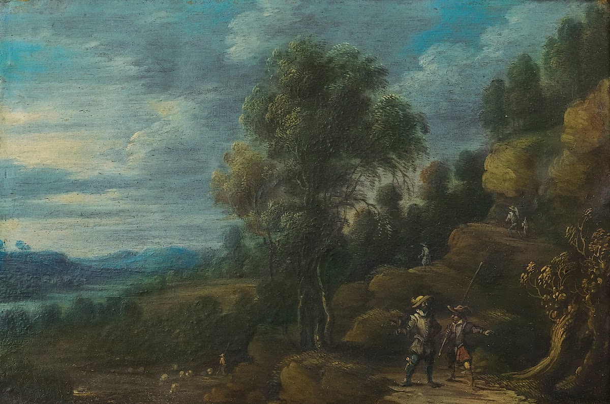 A Wooded LandscapeWith Figures On A Path