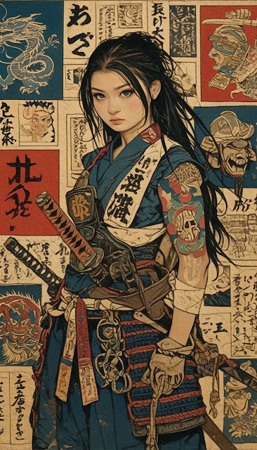 Fierce Female Samurai Portrait Ukiyo-e Woodblock Style - Free mobile Wallpaper
