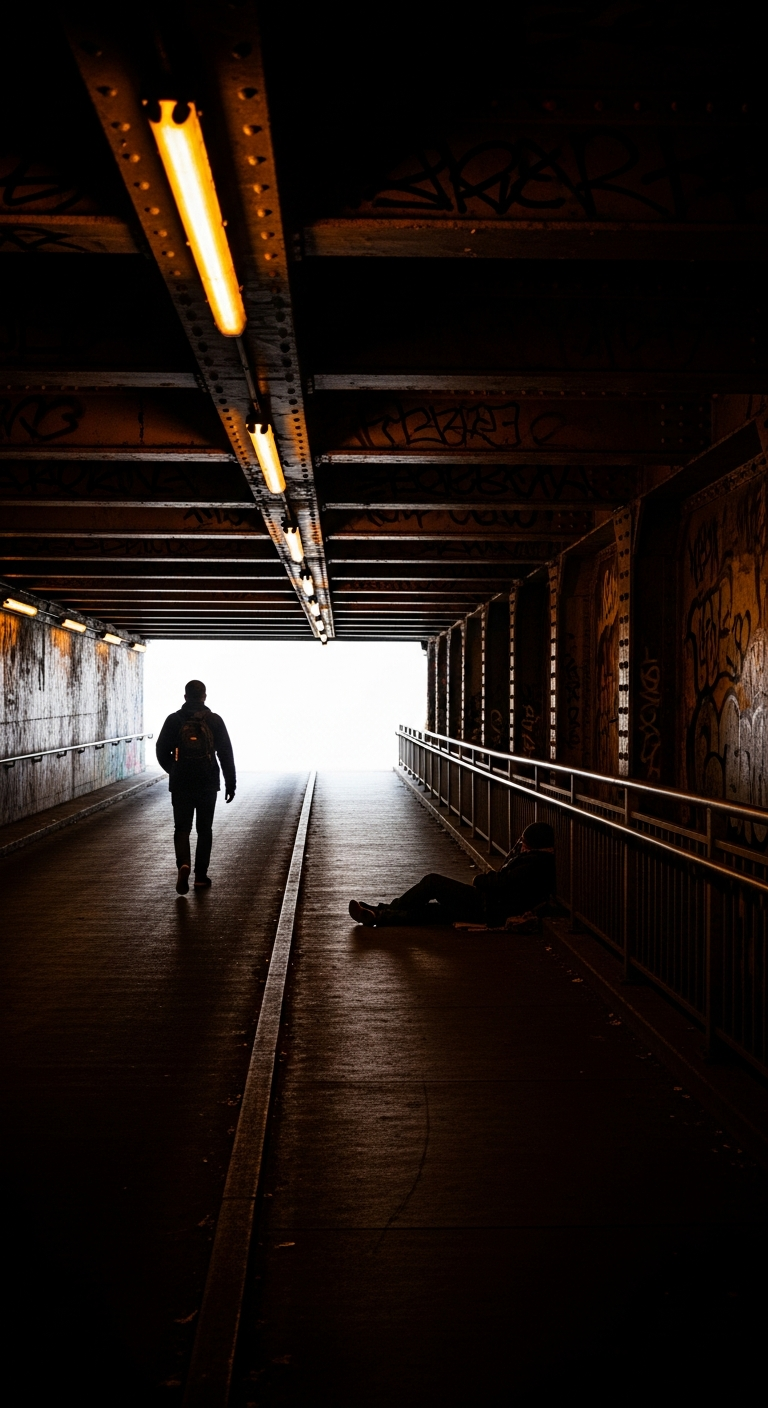 Gritty Low-Key Cinematic Scene of a Man Walking Up a Dark Urban Underpass Ramp with Yellow Lights - Free 4K mobile Wallpaper