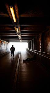 Gritty Low-Key Cinematic Scene of a Man Walking Up a Dark Urban Underpass Ramp with Yellow Lights
