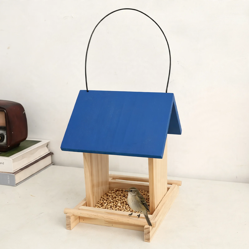 Wooden Birdhouse with Hanging Feeding Station
