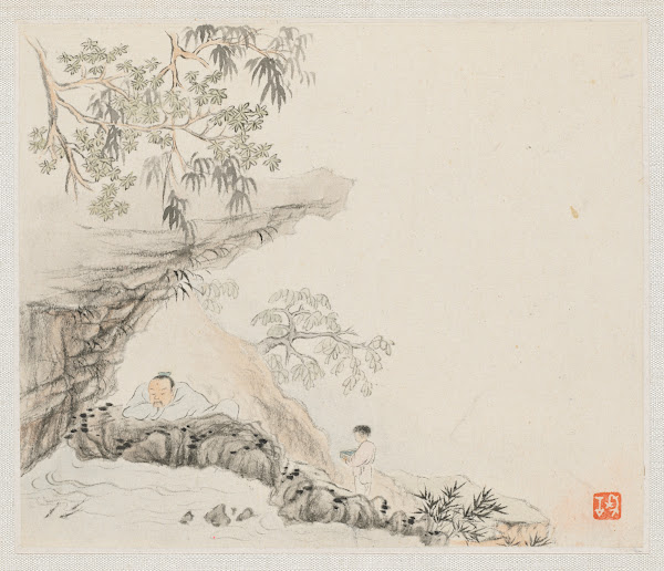 A Man Lies under a Rocky Overhang a Boy Stands to his Right 1700s