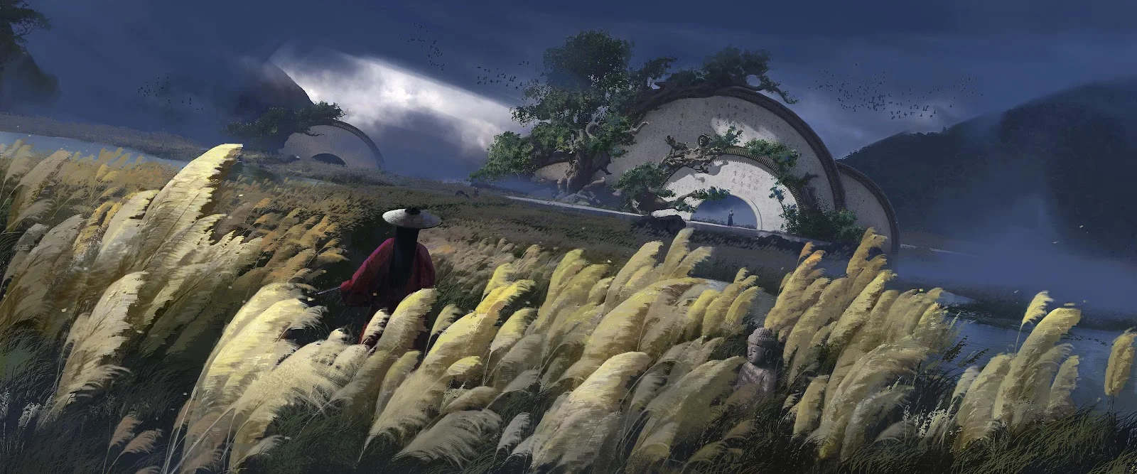 Traveler In The Pampas Field - Digital Concept Art 5K Wallpaper (7680x3200)