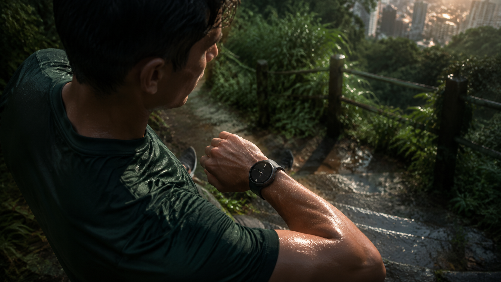 Runner controlla Galaxy Watch 9 su un sentiero dopo la pioggia