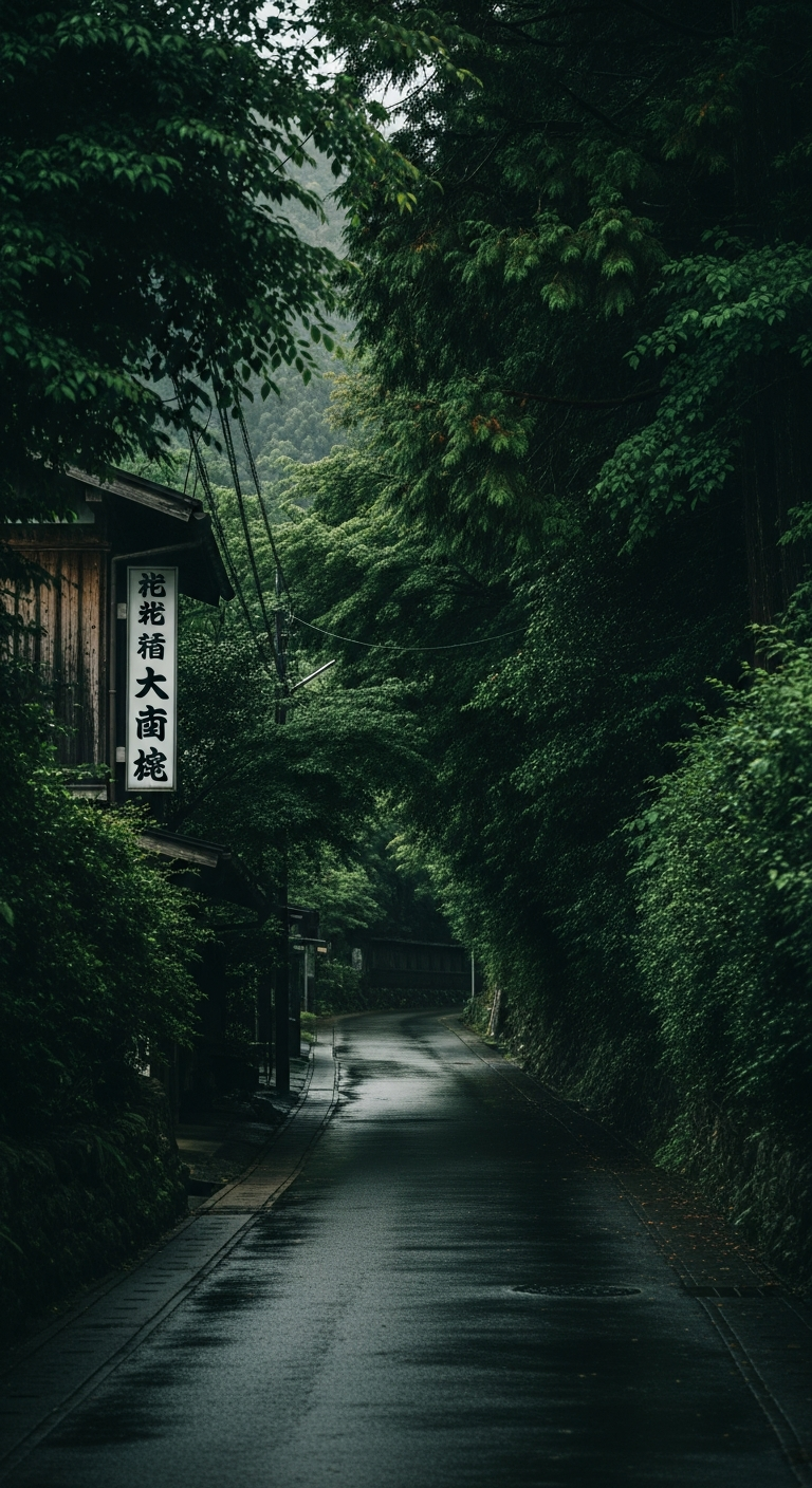 Atmospheric Vertical View of a Narrow Wet Street Winding Through a Traditional Japanese Village in a Lush Green Forest - Free 4K mobile Wallpaper