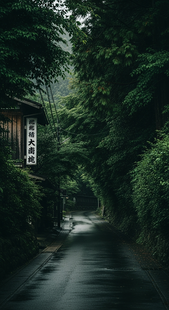 Atmospheric Vertical View of a Narrow Wet Street Winding Through a Traditional Japanese Village in a Lush Green Forest - Free mobile Wallpaper