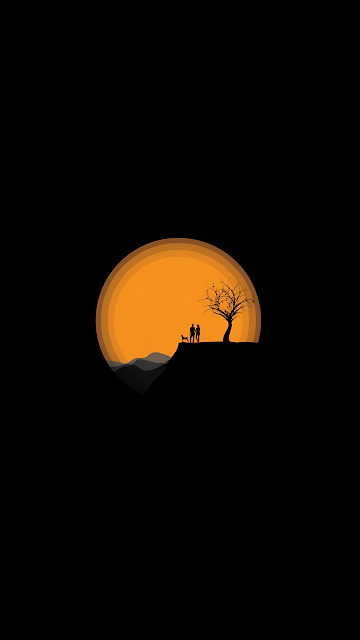 Silhouetted Couple and Dog on Cliff Against Orange Moon - Free mobile Wallpaper
