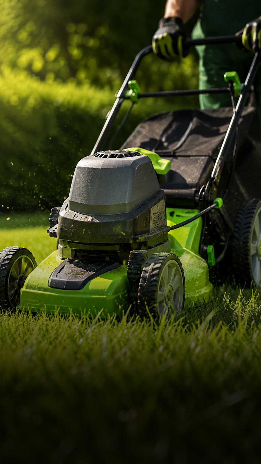 Modern lawn mower cutting pristine striped green turf grass under the summer sun