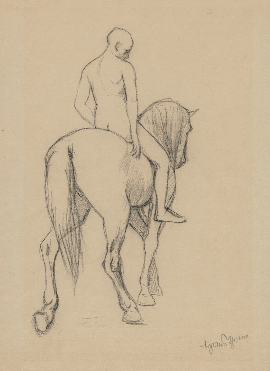 Naked man on horseback depicted from the back 1890