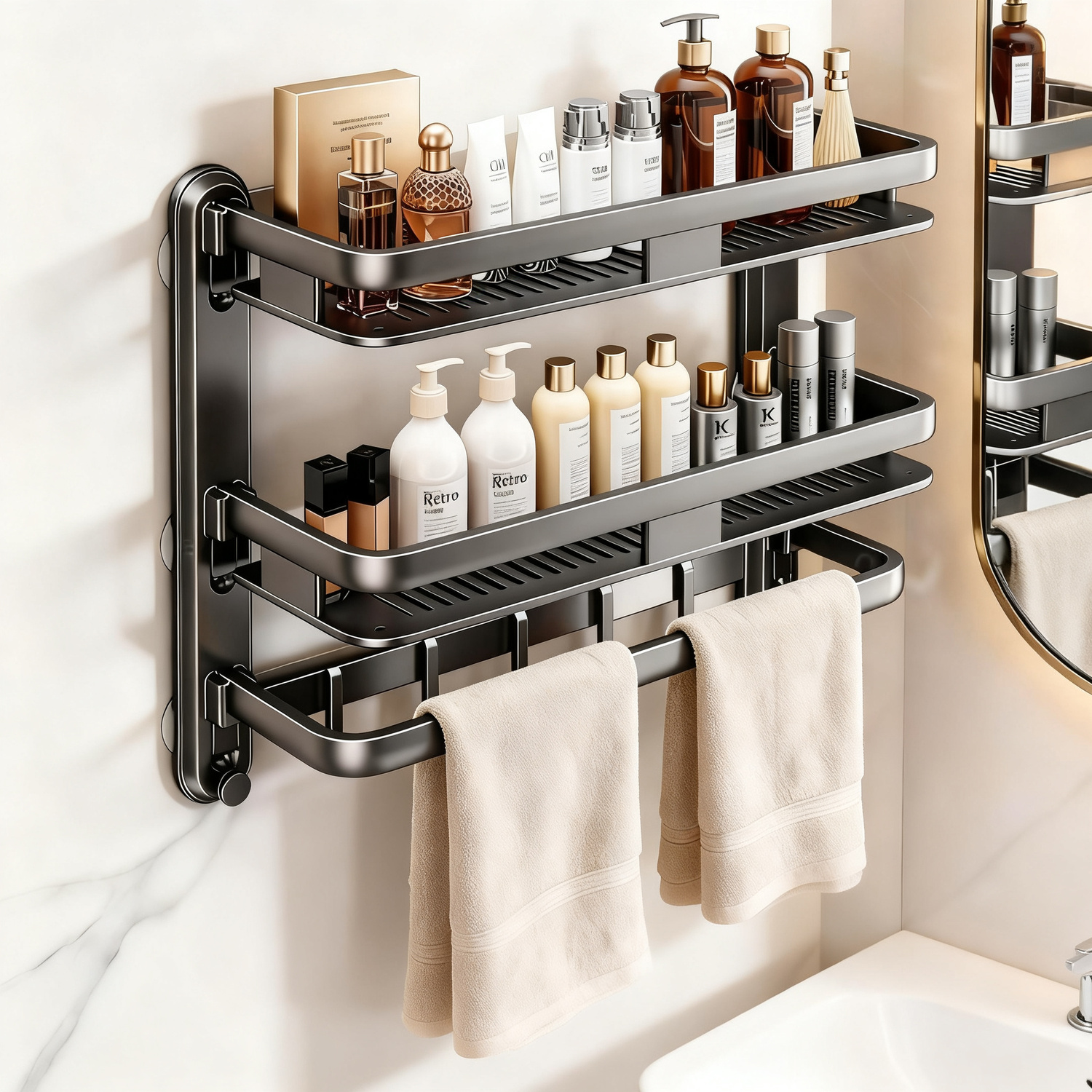 Bathroom shelf with suction cup, multi-layered