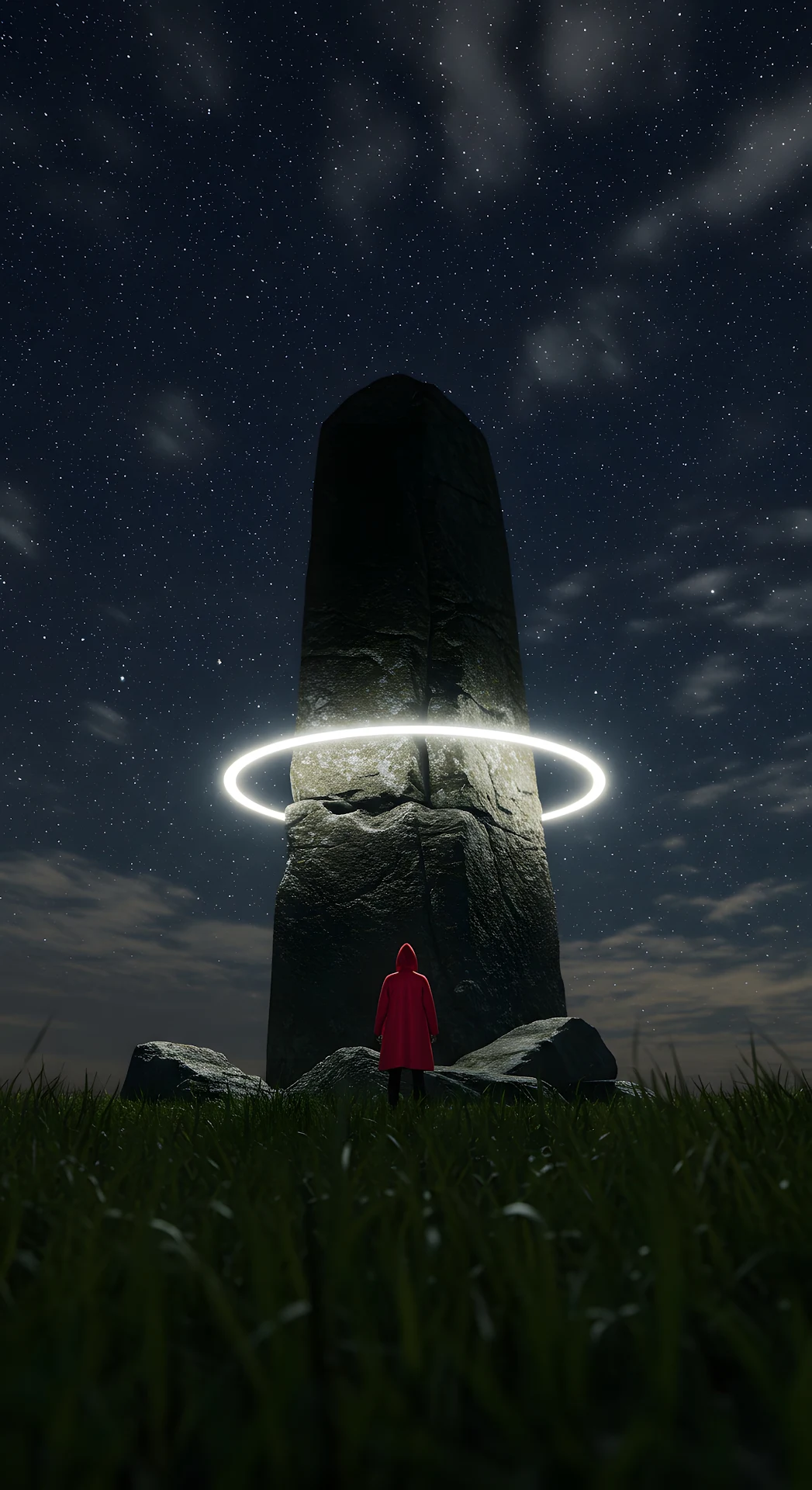 Red Cloak Figure Facing Glowing Monolith at Night - Free 4K mobile Wallpaper